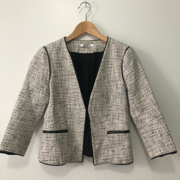 DKNYC Womens Faux-Leather Trim Tweed Jacket - Picture 3 of 7